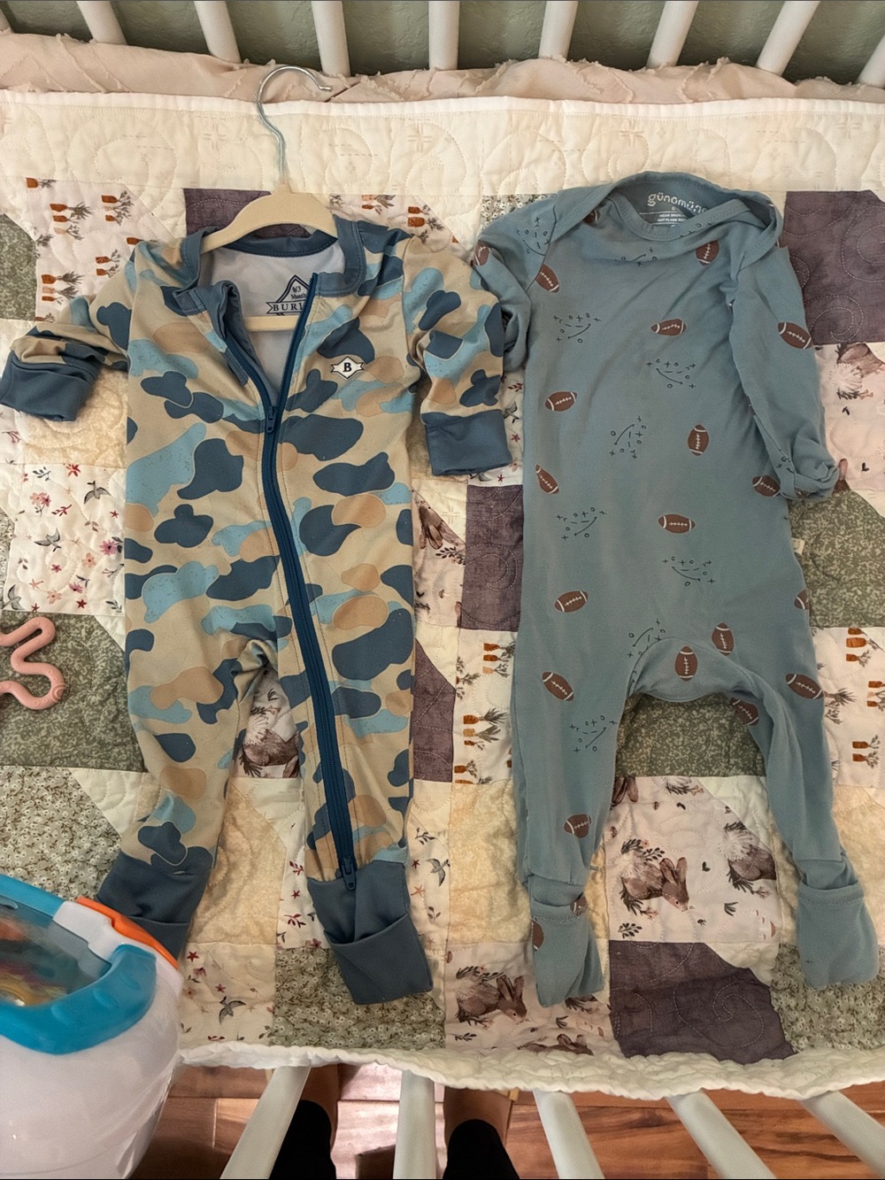 BURLEBO Blue & Tan Camo Footed One-Piece + Blue Football Print Footie